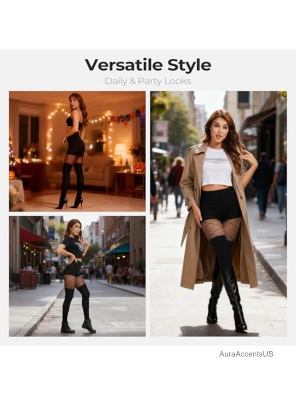 Faux Thigh High Tights Fishnet Gothic Pantyhose High Waist Over-The-Knee - Picture 5 of 5